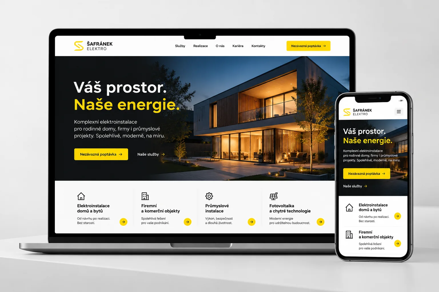 Responzivní web Šafránek Elektro na desktopu a mobilním telefonu
