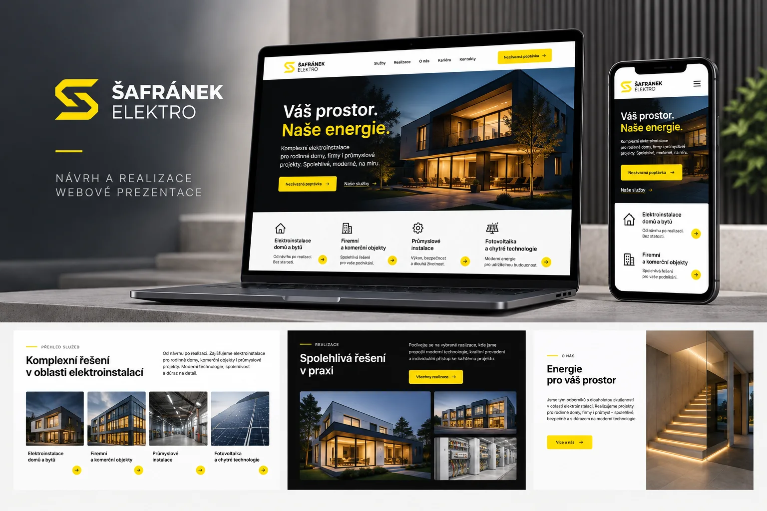 Detail realizace webu Šafránek Elektro – responzivní webdesign pro desktop a mobilní zařízení