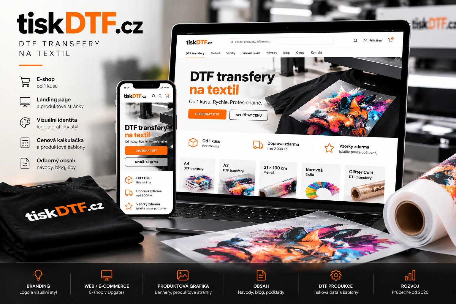 Ukázka e-shopu tiskDTF.cz na notebooku a telefonu s brandingem značky
